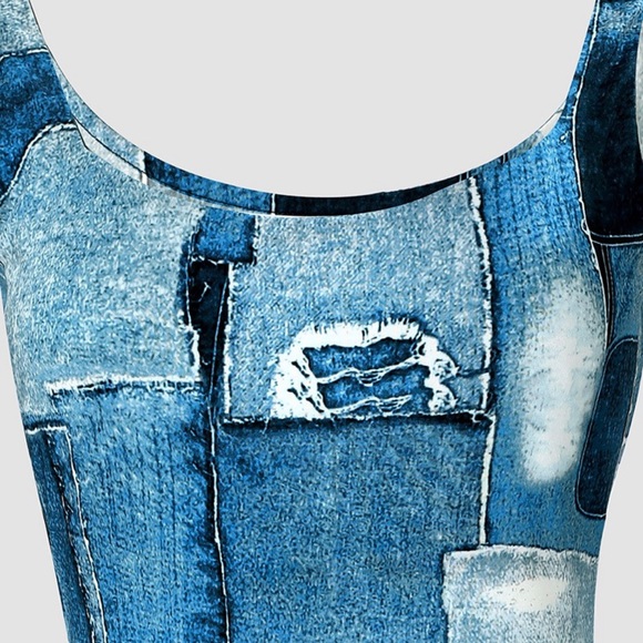 Denim Look Print Sleeveless U-Neck Bodycon Dress - Picture 3 of 4